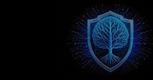 A blue tree inside a shield symbolizes sustainability and protection, with neural network lines extending from the shield to represent AI connectivity, all on a black background.