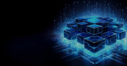 Futuristic illustration of modular blue blocks interlocking on a black background, visually representing composable AI technology with a dynamic, interconnected network design.