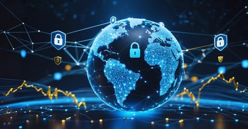 A glowing 3D globe wrapped in an interconnected mesh of AI nodes, security shields, and performance graphs, symbolising secure, governed, and ROI-driven enterprise AI agent orchestration on a global scale in 2025.