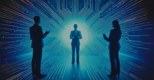 Silhouetted diverse business professionals collaborating around a digital interface, set against a black background with glowing blue neural network patterns—illustrating the integration of human and technological elements in AI operationaliation.