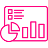 Pink icon on white background showing a computer screen with various charts and lines of text, representing analytics.