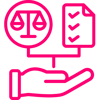 Pink icon depicting a hand holding a scale and a checklist, symbolising compliance management.