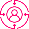 Vector image of a pink person icon surrounded by four arrows pointing towards the person