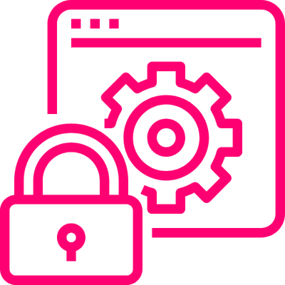 A pink icon of Cyber Security represented by a cog and a padlock