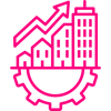 Pink icon on white background depicting buildings with an upward arrow above and a gear below, symbolizing infrastructure development.