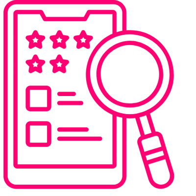 A pink icon of a mobile phone with ratings and a magnifying glass