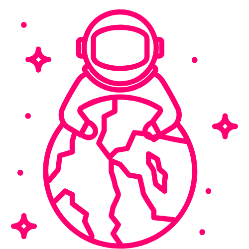 A pink icon of a spaceman holding earth while floating in space 