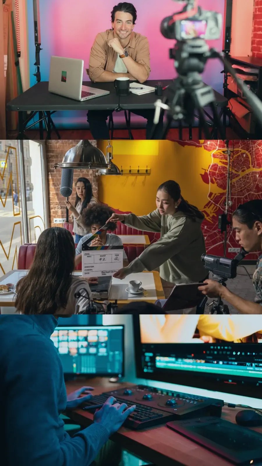 Influencer recording branded content, production team setting up and filming influencer marketing videos, and AI software analysing social media videos on a laptop to assess campaign message adoption and optimise marketing strategies