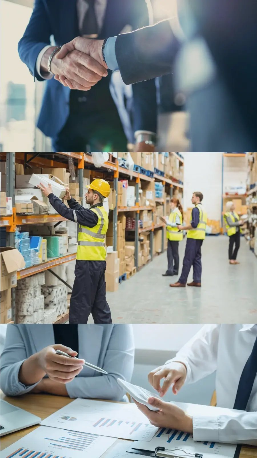Business professionals shaking hands over a high-value FMCG contract, warehouse workers stacking shelves, and data charts on a table representing AI-driven negotiation planning and supply chain optimisation.