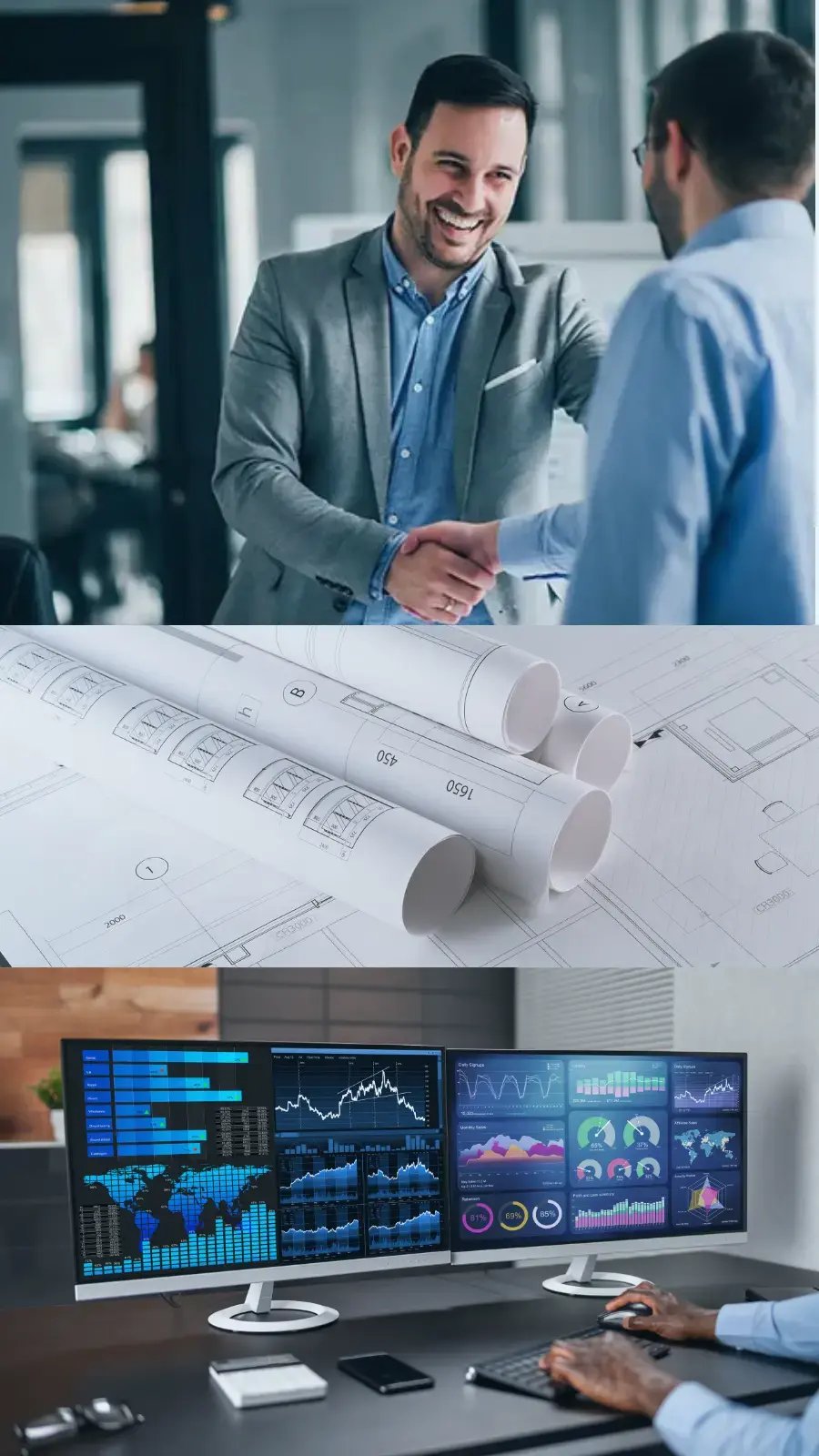 Two professionals shaking hands over architectural plans, with digital charts and figures on a desktop screen, symbolizing collaboration, construction engineering expertise, and the integration of AI-enabled SaaS solutions.