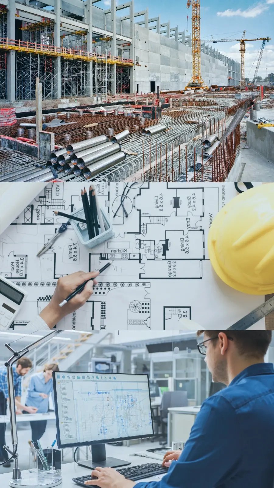 Photorealistic collage of three images representing Gysho’s Contract Traceability Audit AI solution: a large construction site, detailed technical drawings, and a person working at a computer screen on compliance requirements.