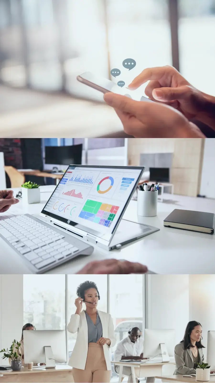 Person using a phone with chat bubble, dashboard displaying customer service analytics, and call center agents on headsets—showcasing AI-powered, multi-channel customer support and improved service efficiency.