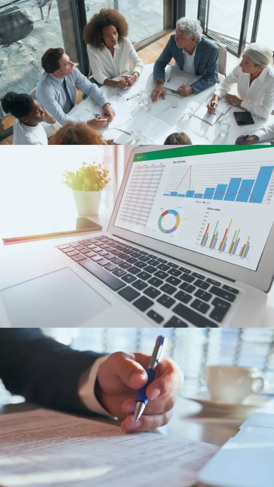 Procurement team in a meeting discussing vendor proposals, laptop displaying data charts for AI-driven proposal analysis, and legal contract being reviewed for compliance with corporate procurement policies.