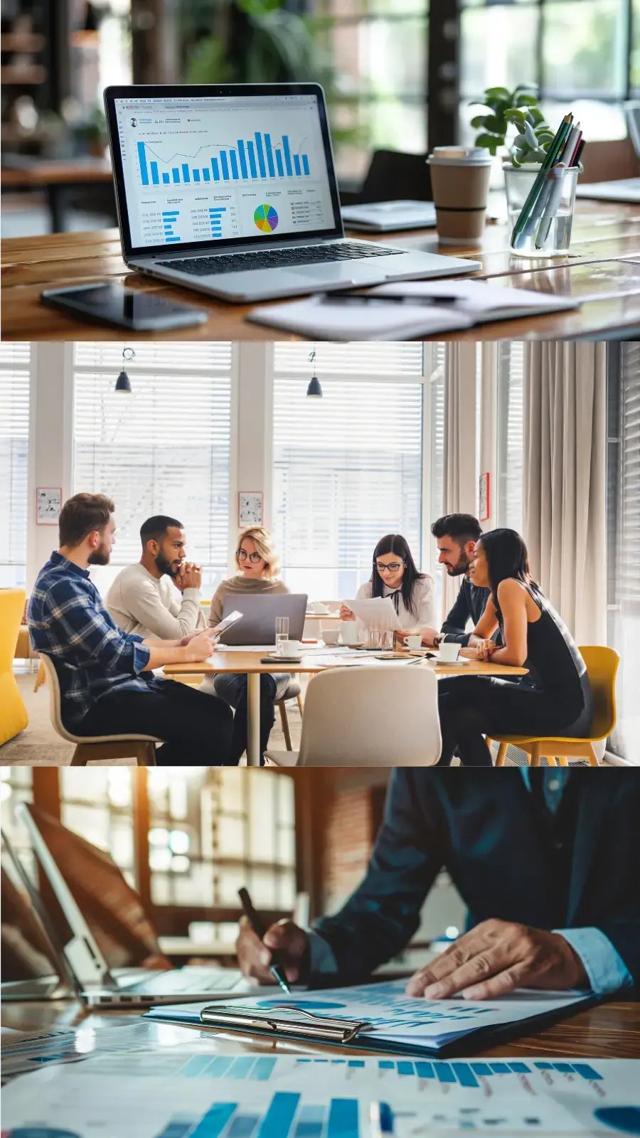 Photorealistic collage of three images representing Gysho’s Sales Assistant AI solution: a salesperson presenting to clients, a CRM dashboard displayed on a computer screen in an office, and a professional on a video call.