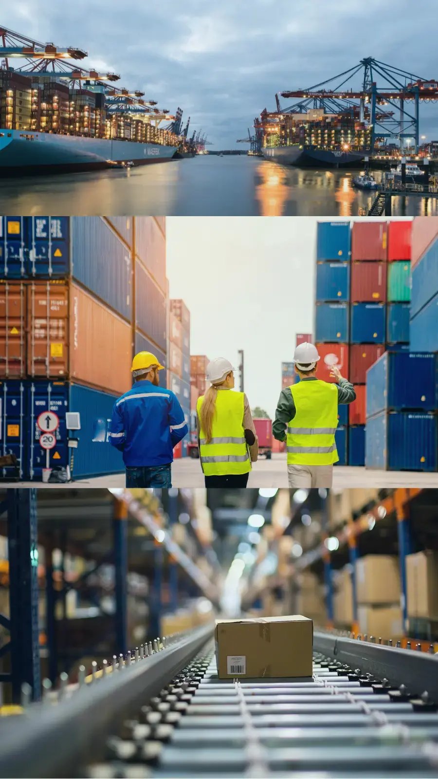 Photorealistic collage of three images representing Gysho’s Self-Learning Autonomous Supply Chain AI solution: a busy shipping port with stacked containers, three people in hard hats walking between cargo containers, and a cardboard box moving down a conveyor belt inside a warehouse.