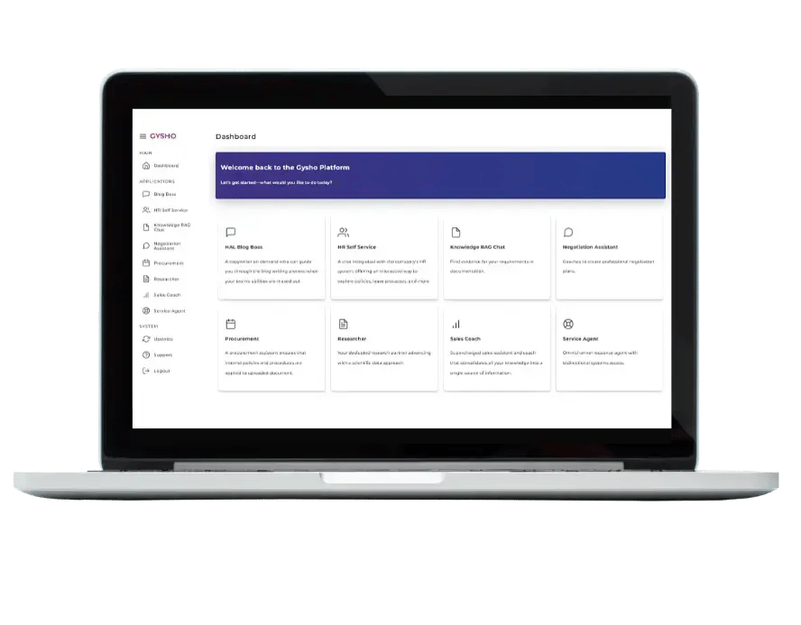 Screenshot of the Gysho platform dashboard displayed on a laptop in the home page hero section
