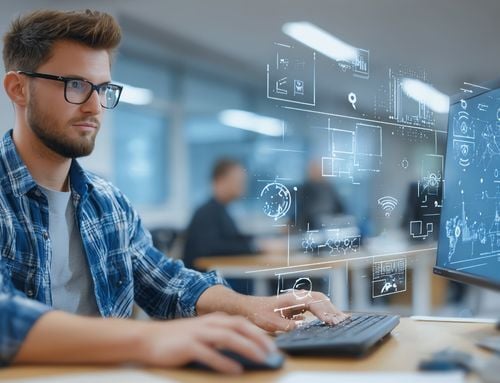 Professional working on a laptop powered by AI, demonstrating advanced technology integration in the workplace.