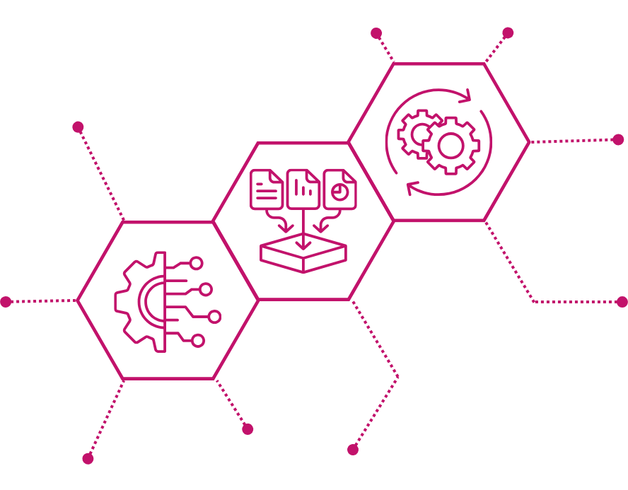 Three connected hexagons for Autonomous AI Agent Framework: a half gear with neural network lines for intelligent AI agents; two interlocking gears with circular arrows for orchestrating complex processes; and text, image, and document icons feeding into a platform for native integration.