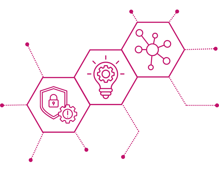 Three connected hexagons appearing to float on a transparent background, each with a line icon: a shield with a lock and gear with an exclamation mark for security and governance, a lightbulb with a gear for innovation, and a central circle linked to smaller circles for AI integration.