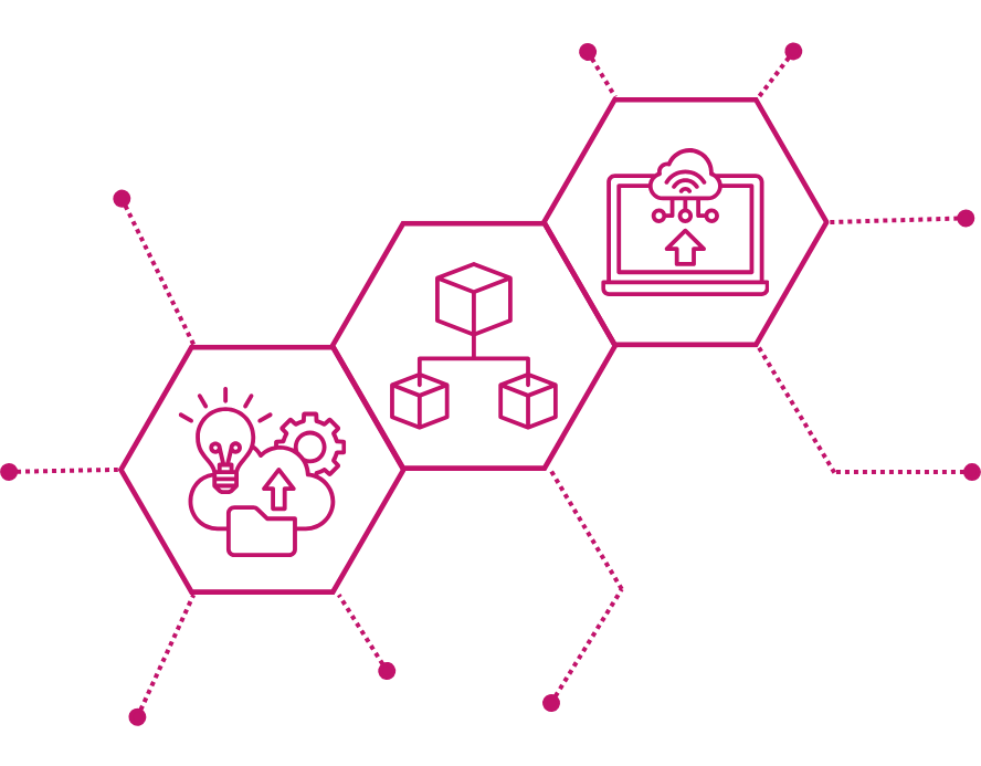 Three connected hexagons representing a composable AI platform. The first shows a lightbulb, cloud, gear, and upload document for ideas and deployment. The second has three connected blocks for modular architecture. The third shows a laptop with an upward arrow to a cloud for scalable delivery.