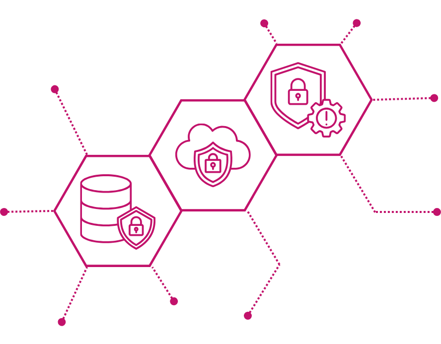 Three connected hexagons for Enterprise Grade Security: a database with a lock for secure data ownership; a cloud with a lock for protected cloud delivery; and a shield with a lock and gear with an exclamation mark for governance, compliance, and secure AI operations.