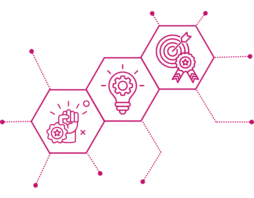 Three connected hexagons for Our Drive – Mission: a raised fist with a star for empowerment and ambition; a lightbulb with a gear for innovation and bespoke AI solutions; and a target with a ribbon for achieving measurable results and delivering client success.