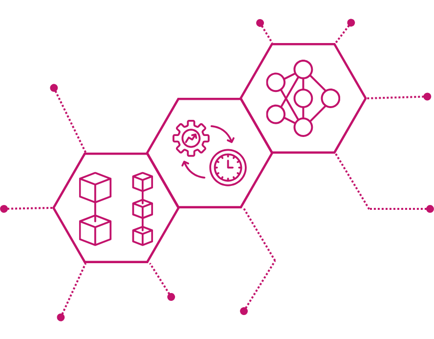 Three connected hexagons for Composable Modular Architecture: stacked blocks for reusable modules; interconnected nodes for scalable, integrated systems; and a gear with a watch face and circular arrows for rapid development and accelerated deployment of bespoke AI solutions.