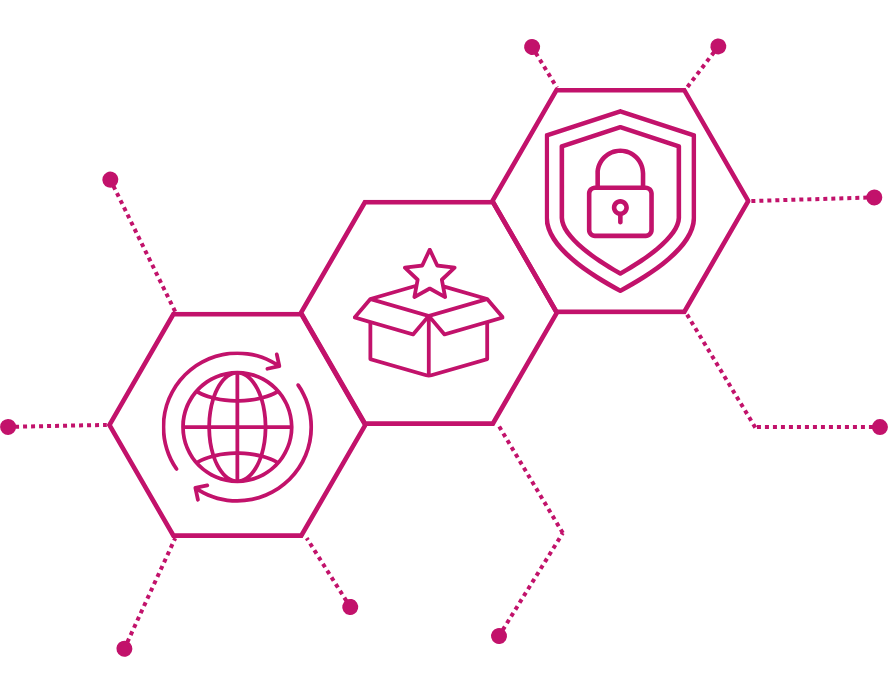 Three connected hexagons for Our Future – Vision: a globe with circling arrows for global leadership and reach; a shield with a lock for secure, scalable AI; and a box with a star for delivering bespoke AI solutions as simply as off-the-shelf products.