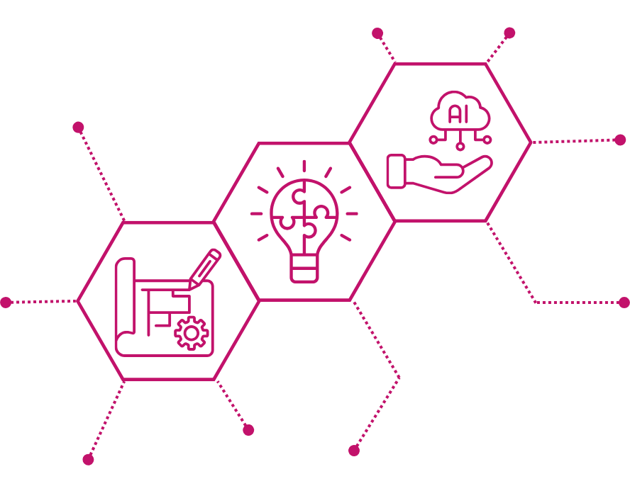 Three connected hexagons representing Why Bespoke AI. The first shows a pencil with a gear sketching a design for custom AI solutions. Second is a lightbulb with puzzle pieces forming a globe for innovative composable architecture. The third is a hand under a cloud with AI text for AI as a service.