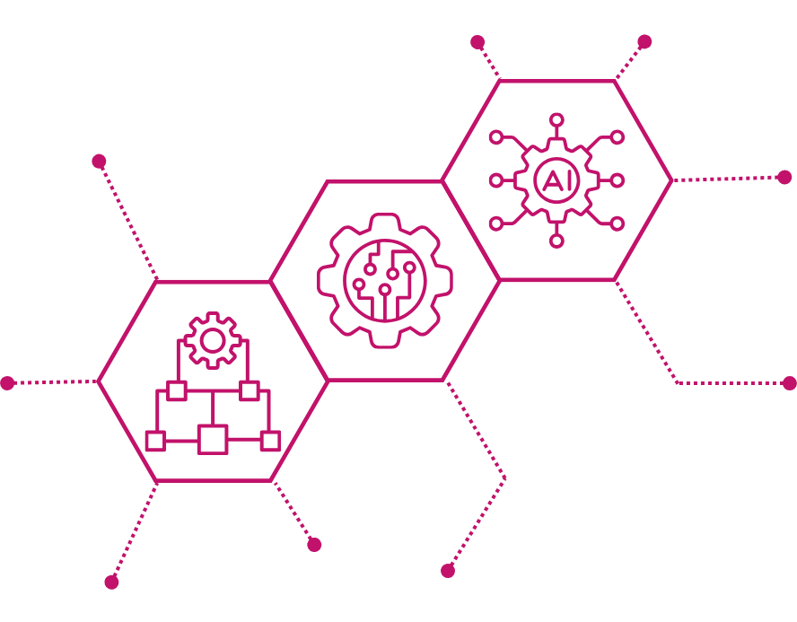 Three connected hexagons for AI-Powered Workflow Automation: a gear at the top of a workflow diagram for process orchestration; a gear with circuits inside for automated execution; and a gear with AI text and circuits extending outward for intelligent, AI-driven optimisation.