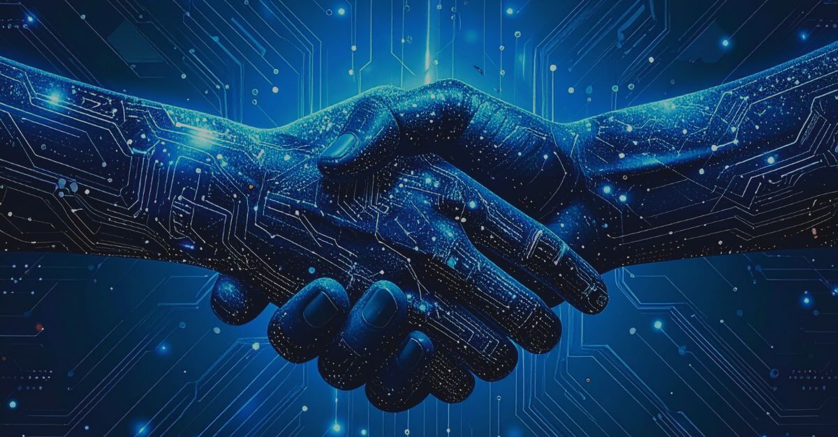 A human hand and a digital robotic hand shaking hands against a blue-on-black background, with neural network connections in the backdrop, symbolizing a pragmatic partnership between humans and AI.