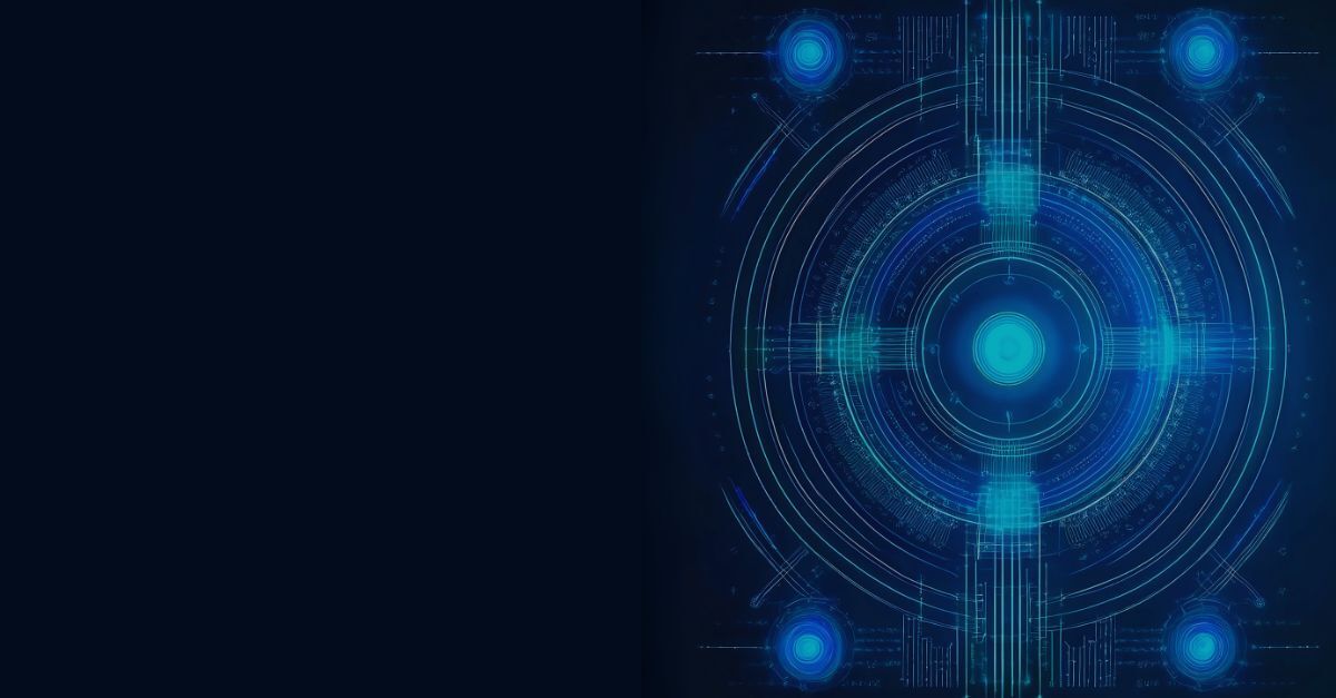 Black background featuring simplified blue hand-drawn sketches of data flow diagrams and technology flows, all converging into one main central circle.