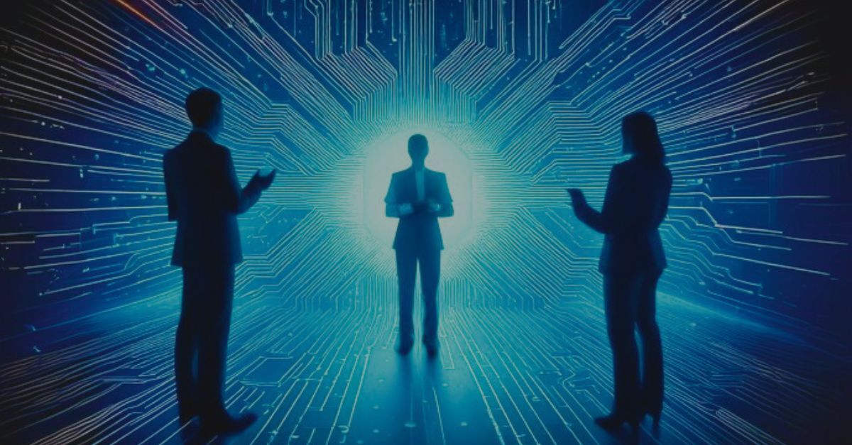 Silhouetted diverse business professionals collaborating around a digital interface, set against a black background with glowing blue neural network patterns—illustrating the integration of human and technological elements in AI operationaliation.