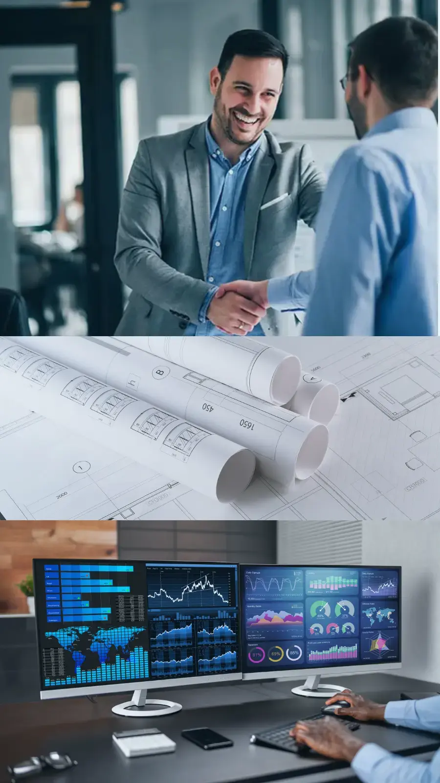 Two professionals shaking hands over architectural plans, with digital charts and figures on a desktop screen, symbolizing collaboration, construction engineering expertise, and the integration of AI-enabled SaaS solutions.