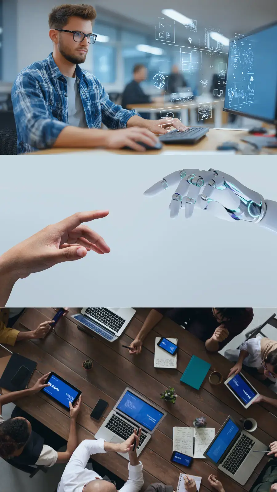 Professional using AI-enhanced laptop, AI and human hands about to connect, and a team collaborating with digital devices—illustrating seamless human-AI interaction and unified access to corporate knowledge.